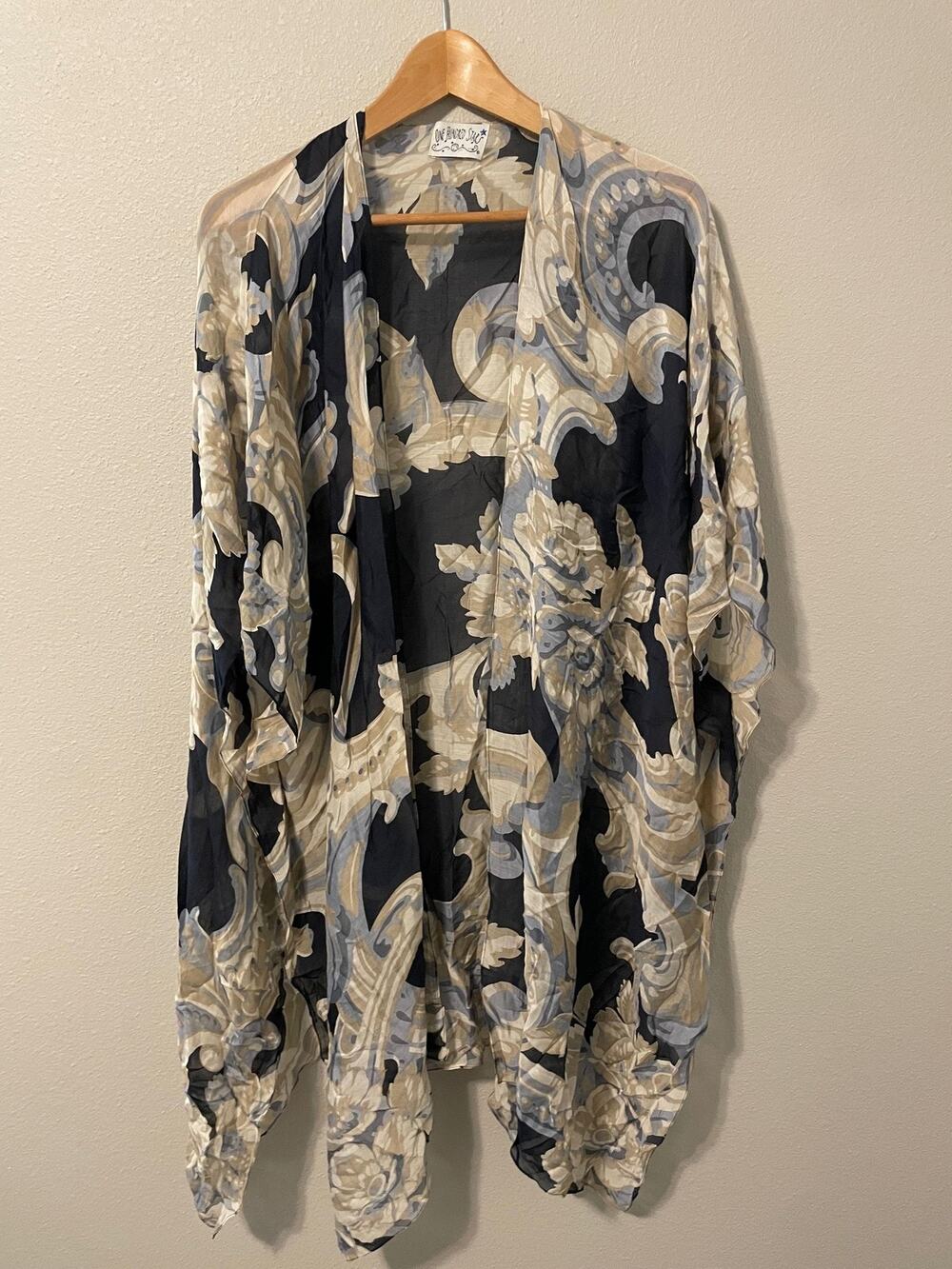 One Hundred Stars Kimono Jacket Womens One Size Blue Floral Sheer Open Boho READ